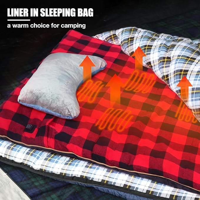 REDCAMP Heated Sleeping Bag Pad Heated Sleeping Bag Liner 5 Heating Zones 3 Adjustable Heat Settings USB Heating Pad for Cold Weather Camping Backpacking or Hiking Green/Red
