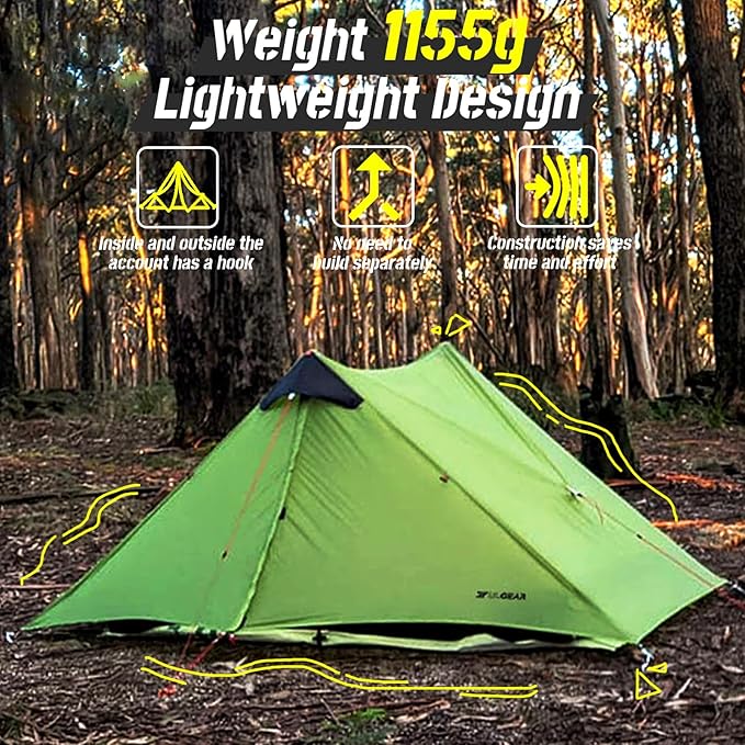 3F UL GEAR Lanshan 2 Person Tent Hiking Ultralight Camping Tent Professional 15D Silnylon Rodless Trekking Pole Tent Waterproof Backpacking Outdoor for Camping Bivvy