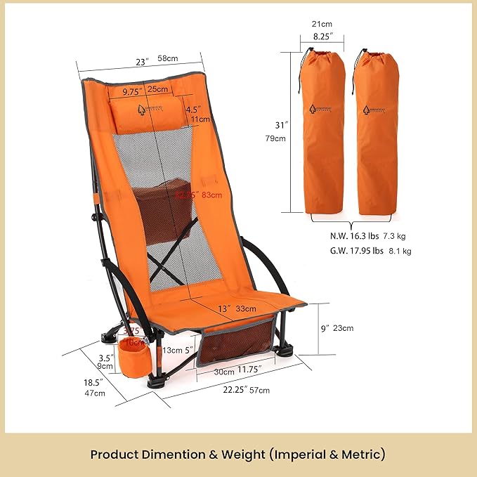 ARROWHEAD OUTDOOR 2-Pack Low Seating + 20° Reclining Folding Beach Chair w/Padded Headrest Foam Armrest Cup Holder Carry Bag 300 LBS Weight Capacity