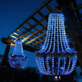Hanging Solar Lantern Outdoor 28” Modern Clear Crystal Acrylic Chandelier with 30 Blue Lights S Hook for Garden Yard Patio Gazebo Decorations