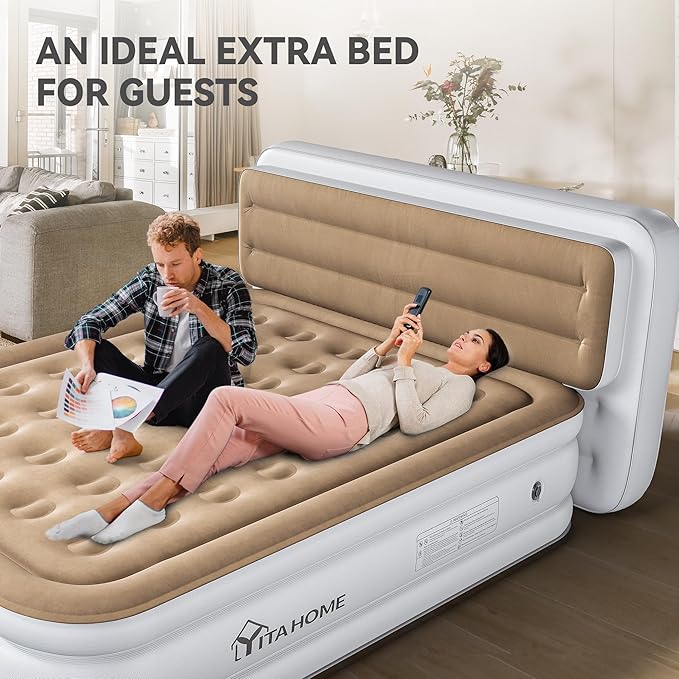 YITAHOME 18'' Flocked Top Queen Air Mattress with Pump and Banded Headboard Durable Inflatable Bed Blow-Up Mattress for Indoor and Outdoor Use Brown