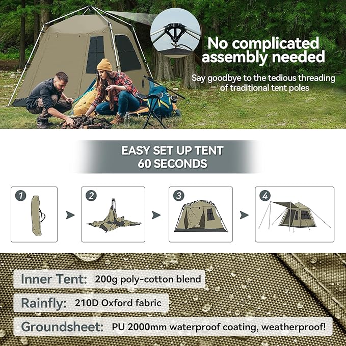 Instant Pop-Up Camping Tent with Removable Sunshade - 3-4 Person Dome Tent with UV Protection &amp Ventilation Waterproof Windproof for Beach Hiking Outdoor.