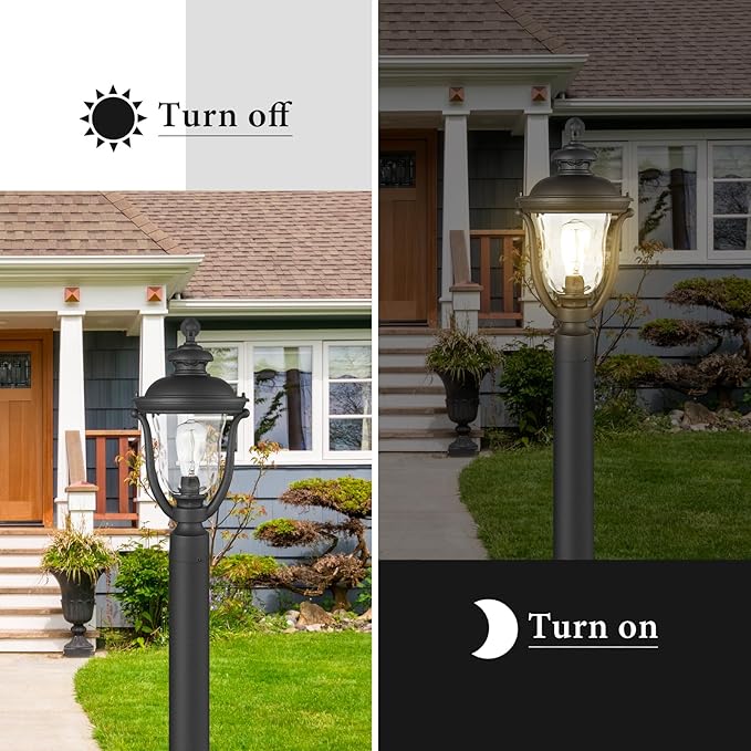 Outdoor Post Lights Modern Exterior Lamp Posts Light Fixtures Waterproof and Anti-Rust Aluminum Outside Pole Latern for Porch Patio Garden Water Ripple Glass Lamp Shade Black Finish