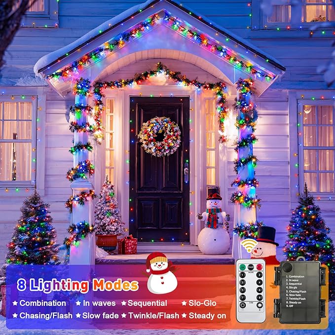 JMEXSUSS 2 Pack Battery Christmas Lights with Remote Each 33 FT 100 LED Multicolor Christmas Tree Lights Indoor Outdoor Waterproof for Garden Porch Yard Decor