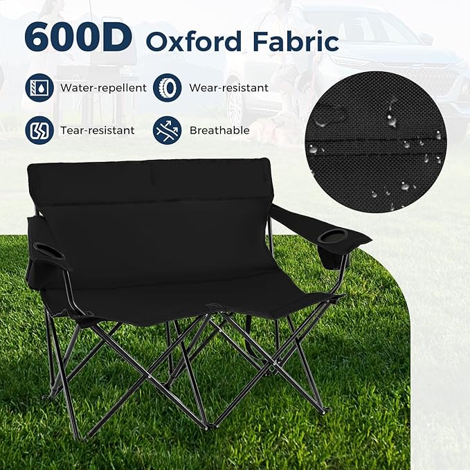 Tangkula 2 Person Camping Chair Outdoor Folding Camp Chair Loveseat with Cup Holders Armrests Carrying Bag Portable Heavy Duty Lawn Chair for Beach Picnic Fishing Travel (2-PersonBlack)