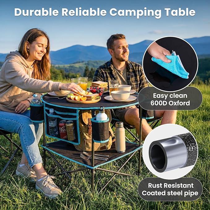 FUNDANGO All in One Tailgate Table Portable Beach Table with Cup Holders Camping Table Foldable with Side Pockets Carry Bag for Camp Outdoor Sand Beach Picnic Fishing Tailgating Essentials
