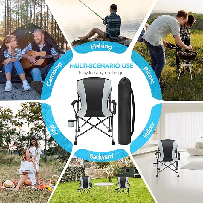 Oversized Folding Camping Chair for Adults Supports 450 LBS Camping Chairs Heavy Duty Camping Chair with Side Pockets Foldable Outdoor Chair for Camping Beach Fishing Hiking Black-Gray