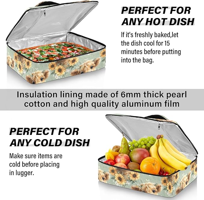 Casserole Carrier Watercolor Pattern Highland CowsInsulated Casserole Carrier for Hot or Cold Food Thermal Lunch Tote for Potluck Parties Picnic Beach Fits 9 x 13 Inches Baking Dish