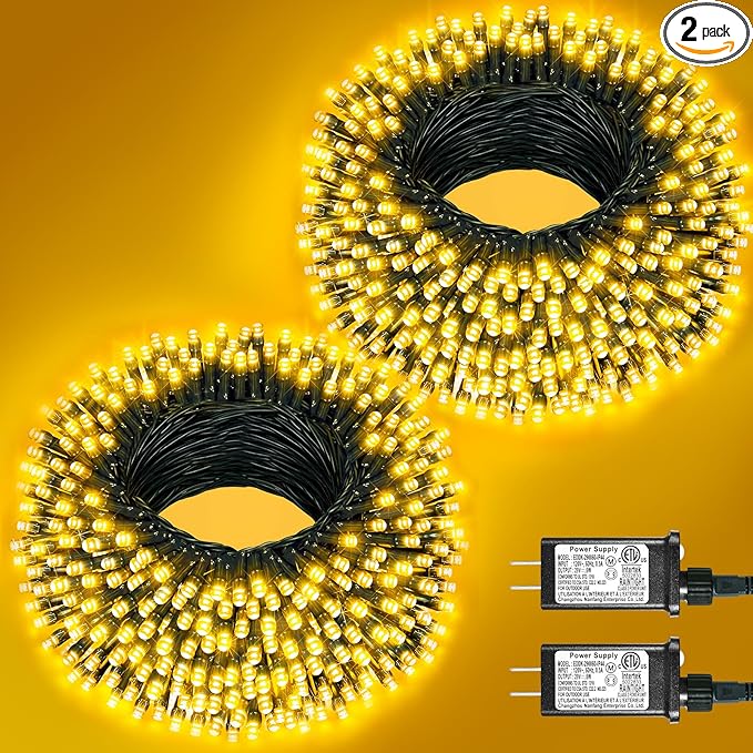 2 Pack Christmas Lights Outdoor Total 200FT 600LED String Lights for Outside Waterproof with 8 Modes Warm White Fairy Twinkle Lights Green Wire for Indoor Room Patio Garden Party Holiday Decorations