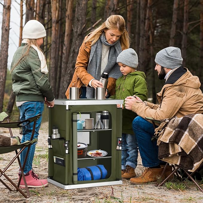 EAGLE PEAK Outdoor Folding Camping Table with Large 3-Tier Storage Organizer and Side Pockets Easy Set Up Portable Aluminum Camping Kitchen Green