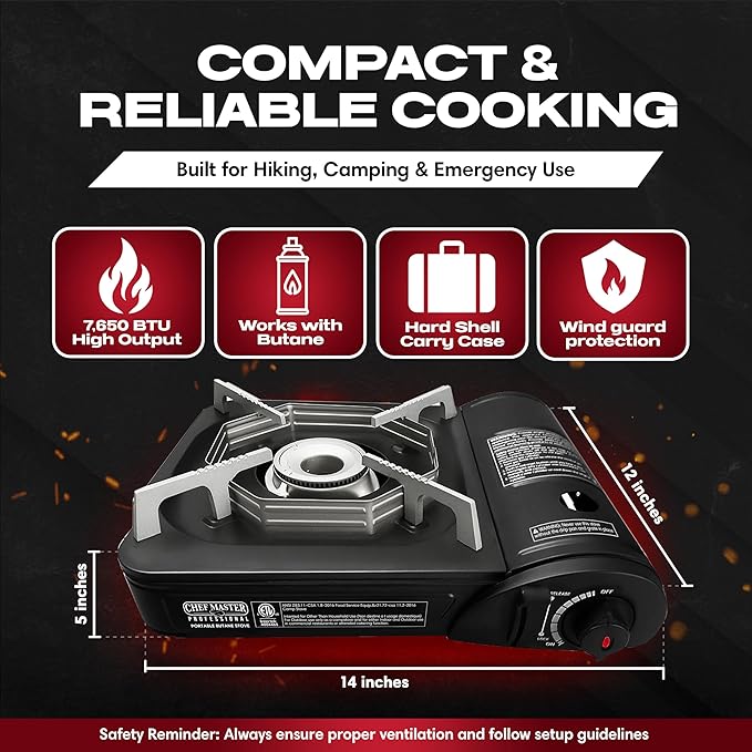 Portable Butane Camping Stove COMBO Piezo Ignition Wind-Guard 7650 BTU Portable Stove Burner w/ 4 x 8oz. Butane Fuel Canister for Emergencies Hiking &amp Outdoor Camping Essential by Chef Master 9