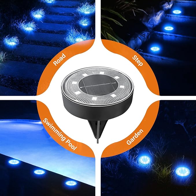 Siatom Solar Ground Lights 8 Pack IP68 Waterproof Solar In-Ground Light for Outdoor Flat Landscape Lighting Garden Disc Light for Pathway Walkway and Yard - 8 Pcs (Blue)