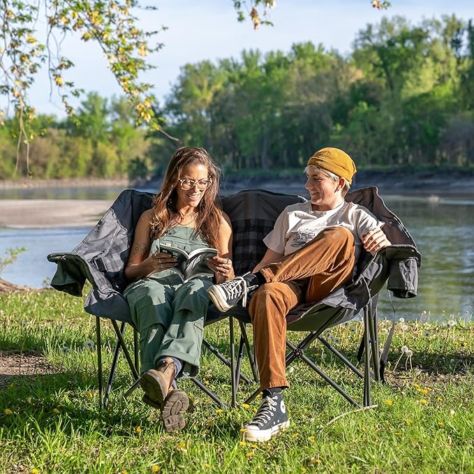 Double Camping Chair Padded 2 Person Camping Chair Camping Loveseat - Heavy Duty Oversized Camping Couch for Adults Outdoor Lawn Beach - Portable Folding Sofa with Cup Holders and Carry Bag Grey