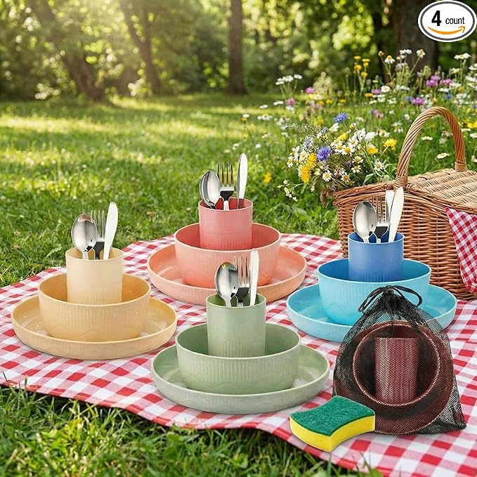 LemonRoad 32 Pcs/4 Sets Camping Dinnerwares 4 Person Camping Mess Kit with Plastic Plates Bowls Cups and Stainless Steel Cutlery Set for Family Rv Hiking Picnic Outdoor