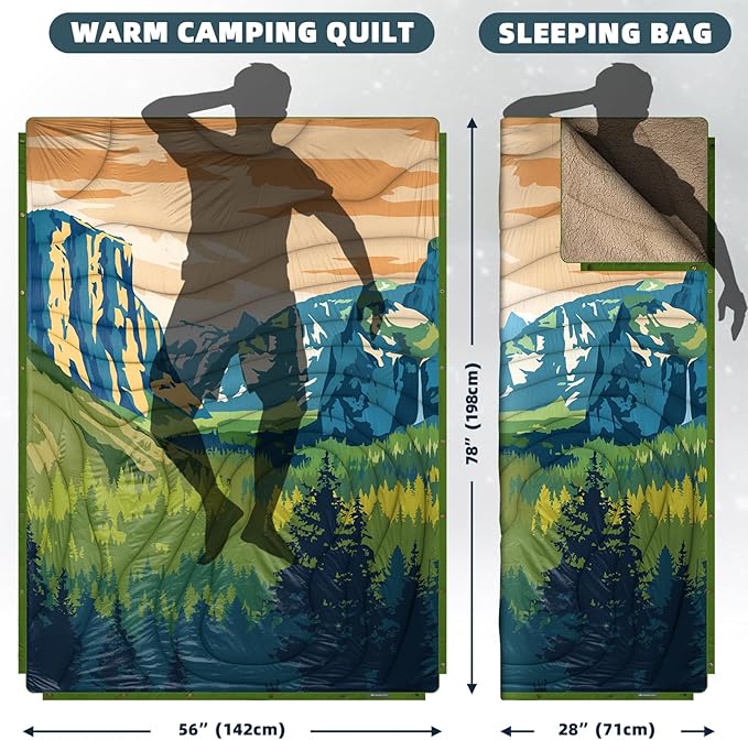 Outdoor Camping Blanket with Sherpa Lining Extra Warm Thick Camp Blankets and Puffy Ultralight Soft Poncho DWR Camping Quilt for Cold Weather Adventure Sleeping Backpacking 78x 56
