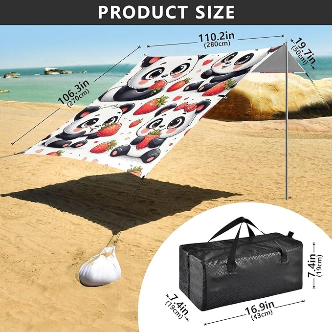 Cute Panda with Strawberry Camping Sun Shelter Beach Tent Portable Beach Sun Shade Outdoor Canopy for Camping Trips Fishing Picnic