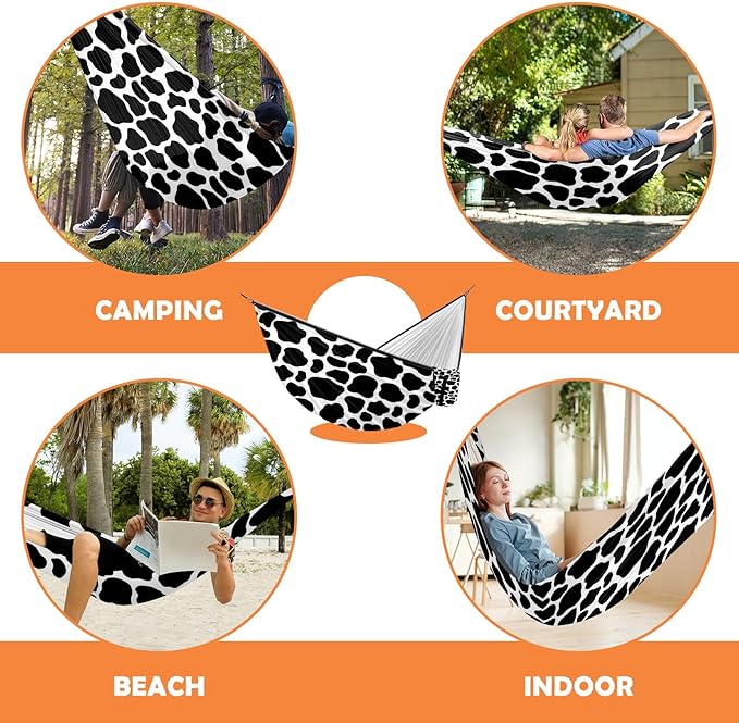 Cow Print Camping Hammock Outdoor Double Single Hammocks with 2 Tree Straps Lightweight Portable Heavy Duty Nylon Hammocks for Backpacking Travel Beach Backyard Patio Hiking