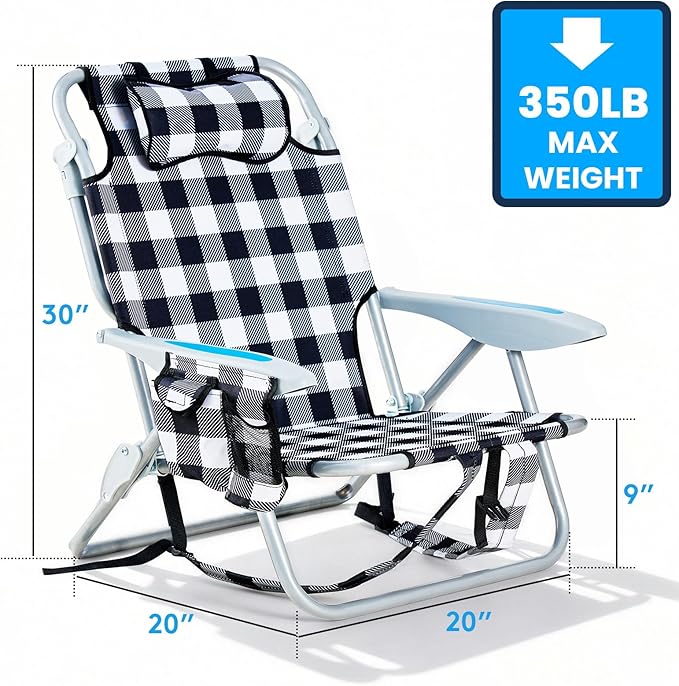 Portable Beach Chair for Adults Outdoor Camping Chair Lay Flat Folding Backpack Beach Reclining Chair with 5 Positions Headrest Cup Holder Heavy Plaid