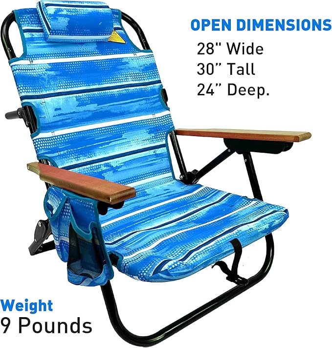 EasyGo Product Backpack Beach Chair 5 Positions and Cup Holder Pouch on Side Padded Pillow Storage Bag on Back Lightweight Rustproof Aluminum Black Frame - 1 Pack Beach Blue