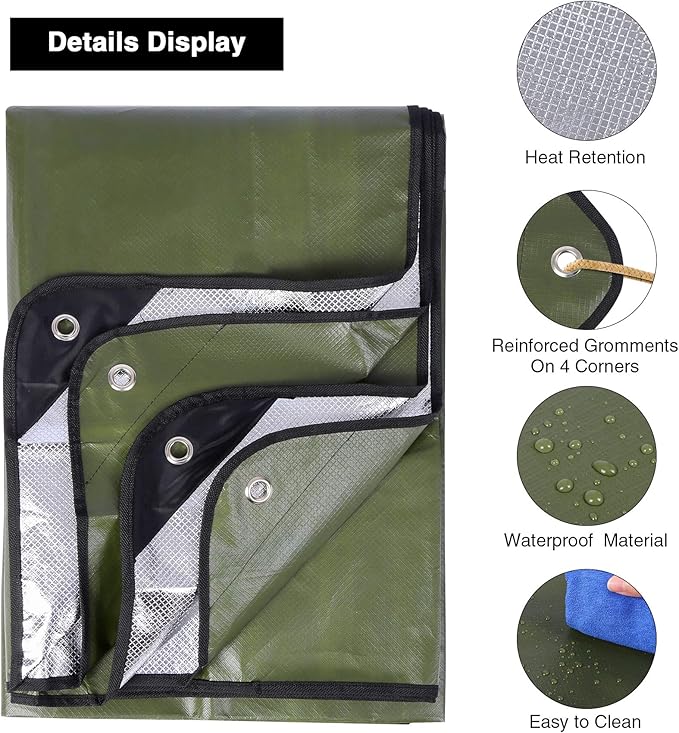 RedSwing Insulated Tarp Multipurpose Emergency Thermal Tarps Waterproof All Weather Heavy Duty Heat Reflective Survival Blanket for Camping Hiking Green