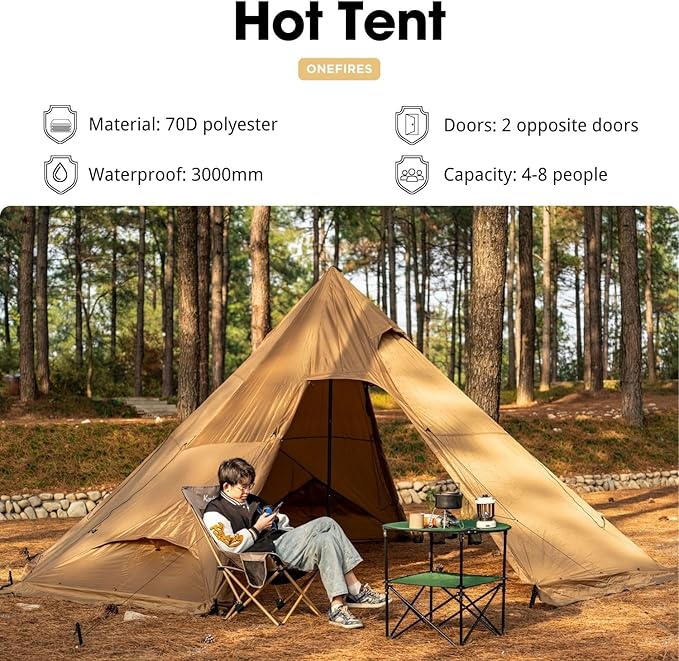Hot Tent with Stove Jack Onefires Large Teepee Tent for Outdoor Family Camping 4-8 Person | with Stove Jack Large for Family Camping