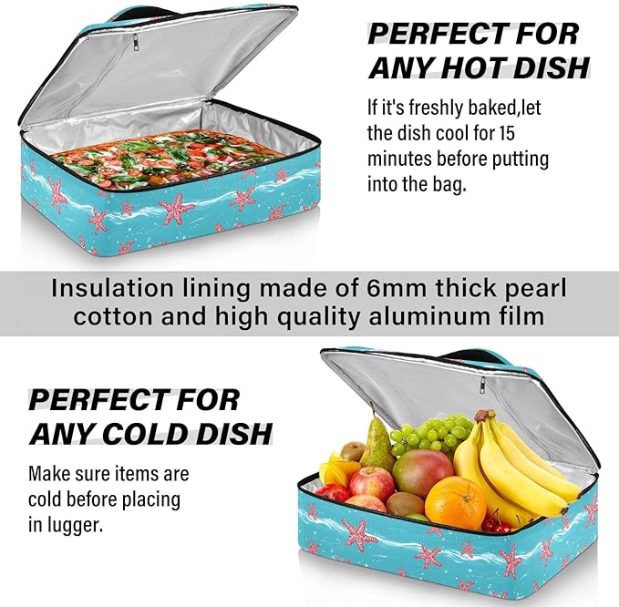 Casserole Carrier Red Starfish Turquoise WavesInsulated Casserole Carrier for Hot or Cold Food Thermal Lunch Tote for Potluck Parties Picnic Beach Fits 9 x 13 Inches Baking Dish
