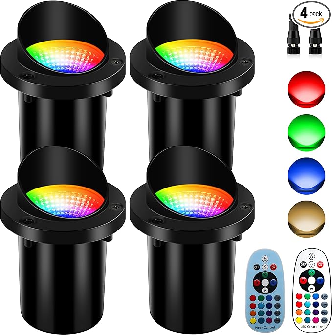 4 Pack Low Voltage Christmas Outdoor Landscape Lighting RGBW Shielded Well LightsColor Changing IP67 Waterproof Paver Light Pathway LightLED Outdoor In-Ground Lights for Garden Yard Fence Deck