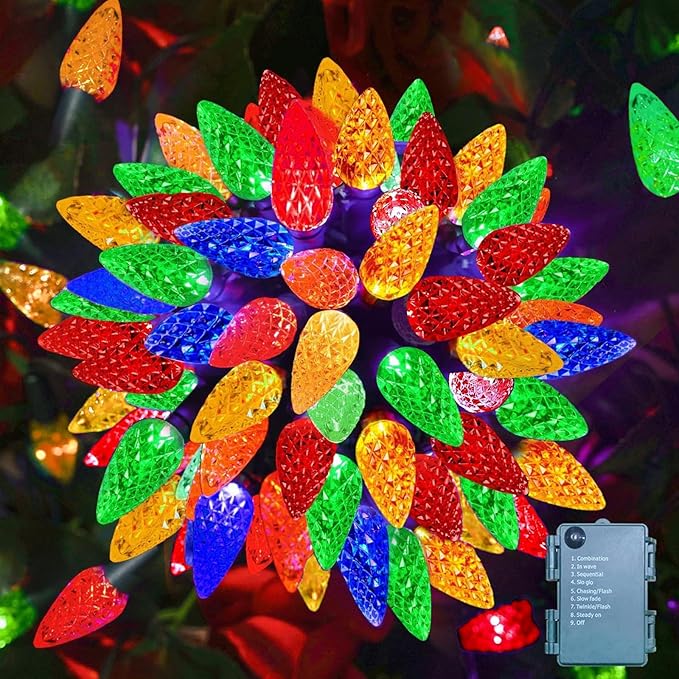 50LED C6 Christmas Lights Battery Operated 16.4FT C6 Christmas Lights Battery Powered with Timer 8 Modes Waterproof for Outdoor Garden Patio Indoor Xmas Tree Bedroom Party Multi-Color