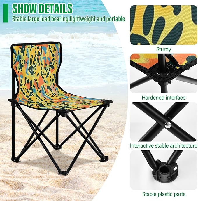 Leopard Spots Orange Black Compact Portable Chairs for Adults Ultra Lightweight Youth Camping Chair Includes Carry Bag Portable Chair for Waiting in Line for Concert Fishing