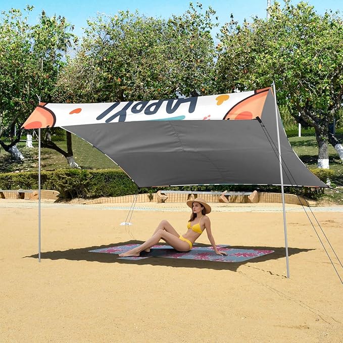 Cute Cartoon Bear with The Word Camping Sun Shelter Beach Tent Portable Beach Sun Shade Outdoor Canopy for Camping Trips Fishing Picnic