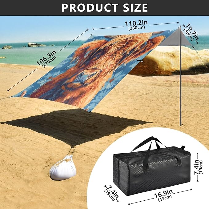 Highland Cow Beach Tent Sun Shelter 9.2' x 10.5' Beach Canopy with 4 Sandbags 4 Stability Poles Sand Shovels - Tent Canopy for Beach Camping Fishing Picnics