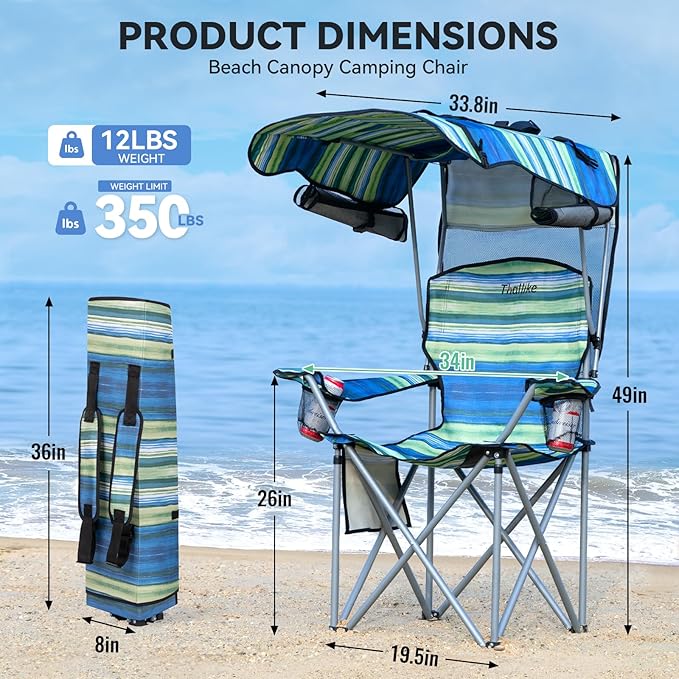 Folding Camping Chair with Reinforced Shade Canopy Comfortable Wide Seat with Cup Holder and Side Pocket Portable Outdoor Chair for Beach Fishing Sports Lawn Supports 350 LBS