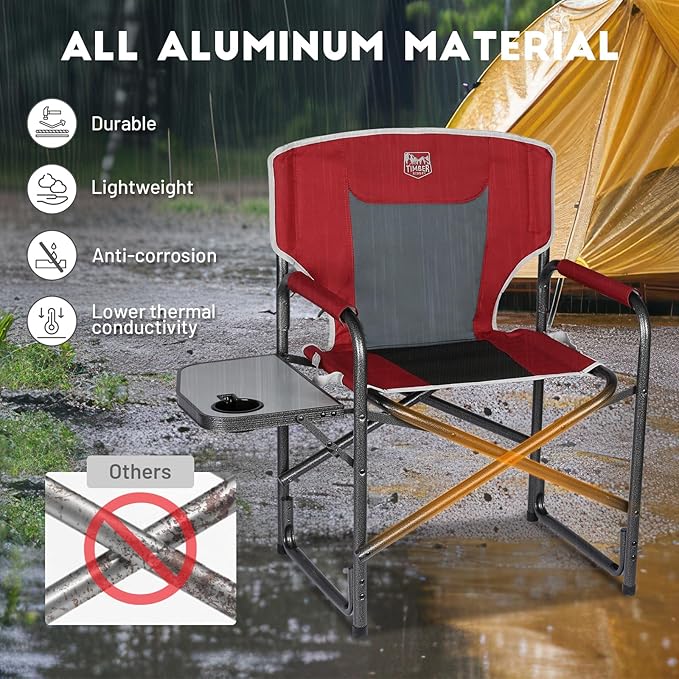 TIMBER RIDGE Lightweight Oversized Camping Chair Aluminum Directors Chair with Side Table for Outdoor Camping Lawn Picnic and Fishing Supports 400lbs Red 2PCS