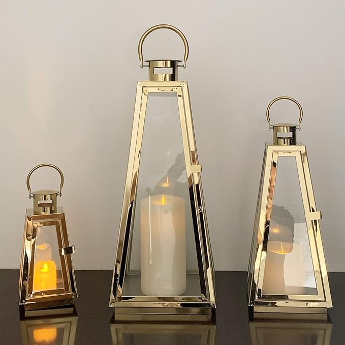 Allgala 3-PC Lantern Set 24 Inch Jumbo Deluxe Modern Indoor/Outdoor Candle Lantern Set Gold Stainless Steel Tapered Trapezoid Frame with Tempered Glass for Garden Patio Fireplace Wedding