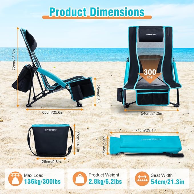CHANGE MOORE Low Beach Chair with 2-in-1 Cooler Bag 1 Pack Support up to 300lbs Folding Beach Chairs for Adults with Cup Holder Removable Pillow &amp Carry Bag for Outdoor Sand Lawn Picnic Travel B