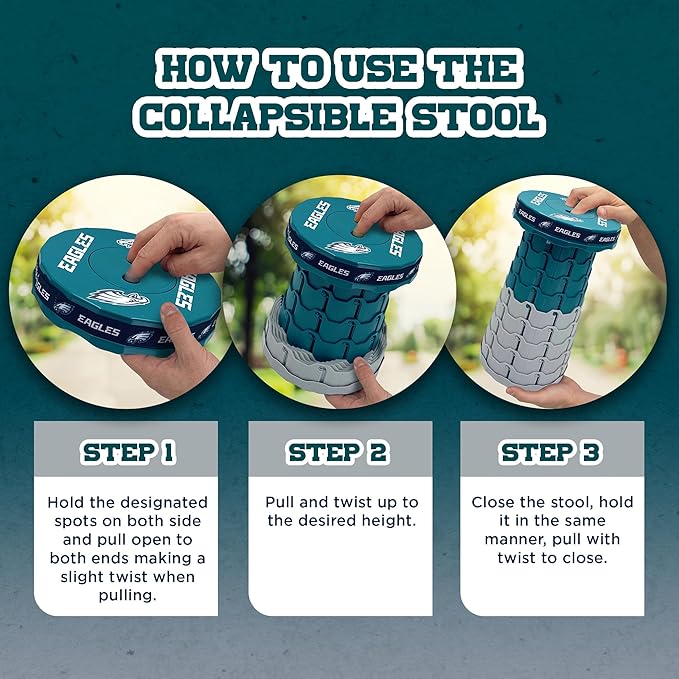 Sporticulture NFL Philadelphia Eagles Telescoping Collapsible Stool 500lbs Max Weight Portable Adjustable Height Folding Camping Stool with Carry Strap Retractable Stadium Have A Seat Outdoor Sports