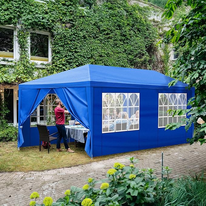 VOYAGEECO 10'x20' Outdoor Party Tent with 6 Removable Sidewalls Waterproof Canopy Patio Wedding Gazebo Blue