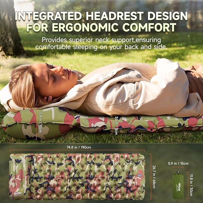 HiiPeak Sleeping Pad for Camping- Ultralight Inflatable Sleeping Mat with Built-in Foot Pump &amp Pillow Upgraded Compact Camping Air Mattress for Tent Backpacking Hiking