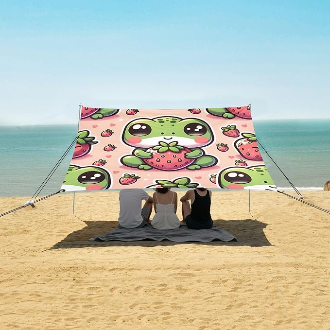 ALAZA Frog Strawberry Beach Tent Sun Shelter UPF50+ Protection Beach Shade Canopy w/ 4 Sandbags for Outdoor Camping Fishing Backyard Fun Picnic 10x9 ft