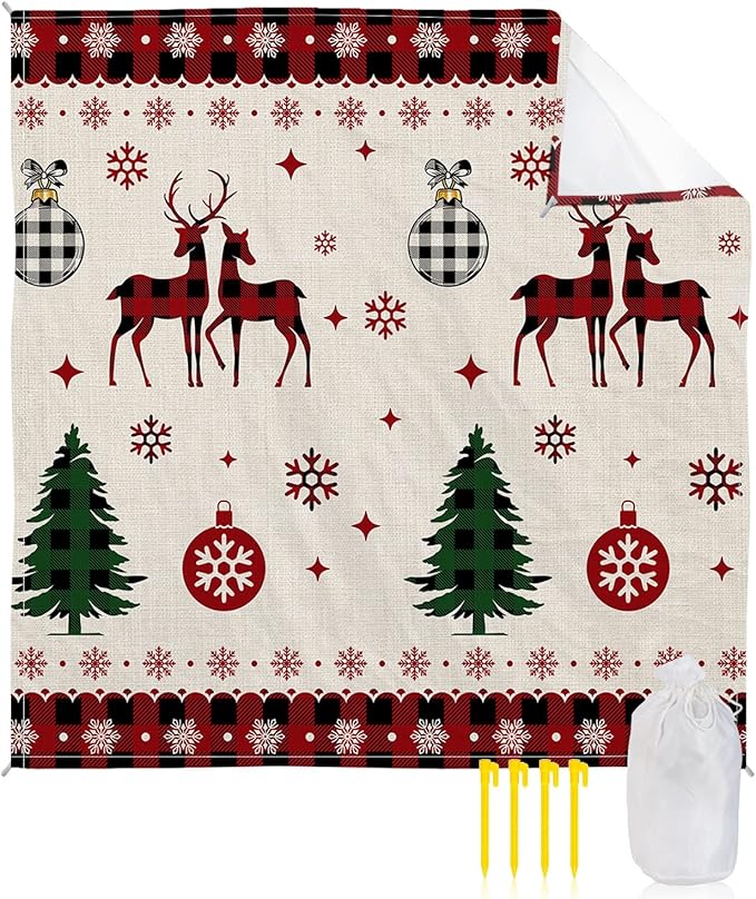 Beach Blanket Waterproof Sandproof Christmas Elk Snowflake Red Buffalo Plaid Quick Drying Beach Mat with 4 Stakes Xmas Tree Light Bulbs Retro Linen Lightweight Picnic Blanket for Travel 108x84
