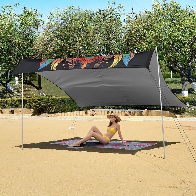ALAZA Rainbow Owl Print Boho Beach Tent Sun Shelter UPF50+ Protection Beach Shade Canopy w/ 4 Sandbags for Outdoor Camping Fishing Backyard Fun Picnic 10x9 ft
