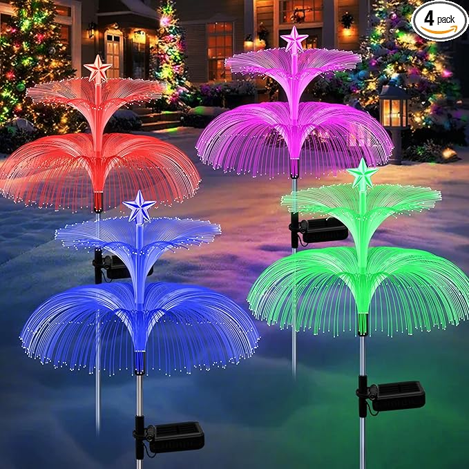Solar Garden Lights 4 Pack Solar Star Jellyfish Lights 7 Color Changing Fiber Optic Light Gardening Gifts for Mom Grandma Women Flower Light for Outdoor Yard Garden Decor