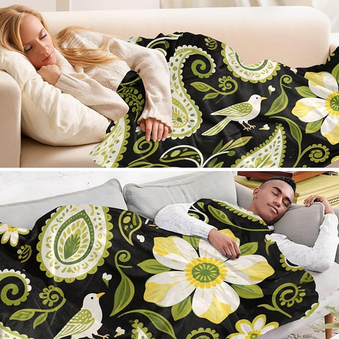Soft Throw Blanket Olive Green Paisley Flower Boho Black Couch Blanket 50x70 Inches