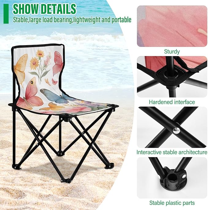 Beautiful Butterflies Portable Camping Chairs Folding Chair - Durable Oxford Fabric Lightweight Iron Frame Easy Fold Design - Ideal for Outdoor Activities Camping Fishing and Travel