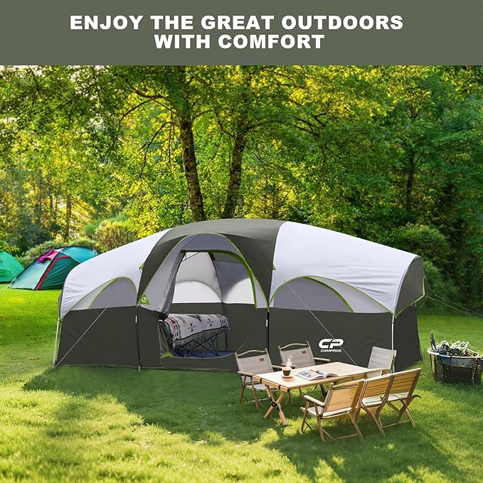 CAMPROS CP Tent 8 Person Camping Tents Weather Resistant Family Tent 5 Large Mesh Windows Double Layer Divided Curtain for Separated Room Portable with Carry Bag