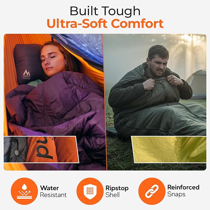 Sierra Madre Puffle 40 °F 5‑in‑1 Camping Quilt – Ultra-Soft Outdoor Blanket Sleeping Bag Under/Top Quilt Poncho | Linkable Compact Adventure Gear