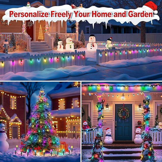USOKYO 30Ft C9 Led Christmas Pathway Lights Outdoor 20 Multicolor Bulbs Waterproof Connectable Christmas Walkway Lights with Stakes for Yard Lawn Sidewalk Driveway Decorations