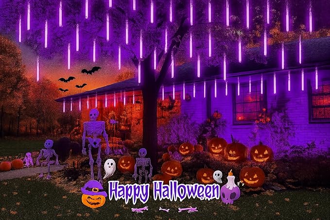 Christmas Decoration Outdoors - 32 Tubes Meteor Shower Lights Waterproof Falling Rain Lights for Halloween Decor Xmas Tree Garden Yard Wedding Party Purple