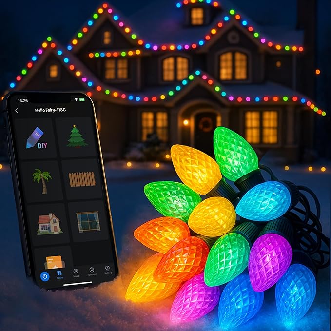 LED C9 Christmas Lights Outdoor100FT 150 LEDsApp Remote Controlled RGB Smart String Lights with DIYMusic Sync &amp Timer108 ModesWaterproof &amp Extendable for RooflineHouseXmas TreeHallowee
