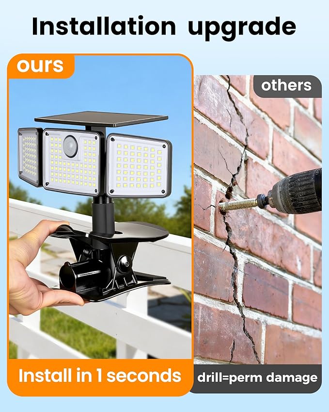 Clip on Solar Lights 1500LM Motion Sensor Security Lights with Remote Control 270°Wide Angle Solar Flood Light 3 Heads High Bright Solar Lights Outdoor Waterproof for Fence Gutter Yard（1Pack）